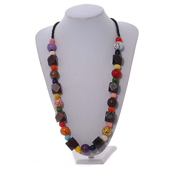Multicoloured Ceramic/ Wooden Bead Cotton Cord Long Necklace – 82cm Long