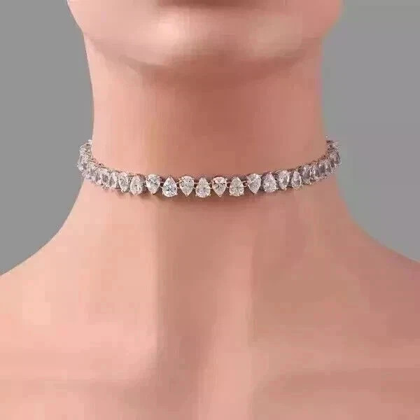 15TCW Pear Cut Lab Created Diamond Women’s Chocker Necklace 925 Sterling Silver