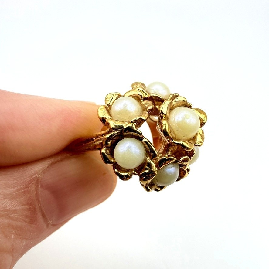 Vintage HGLW MCM 18K Gold Plated Faux Pearl Flower Cluster Cocktail Ring SZ 6.25