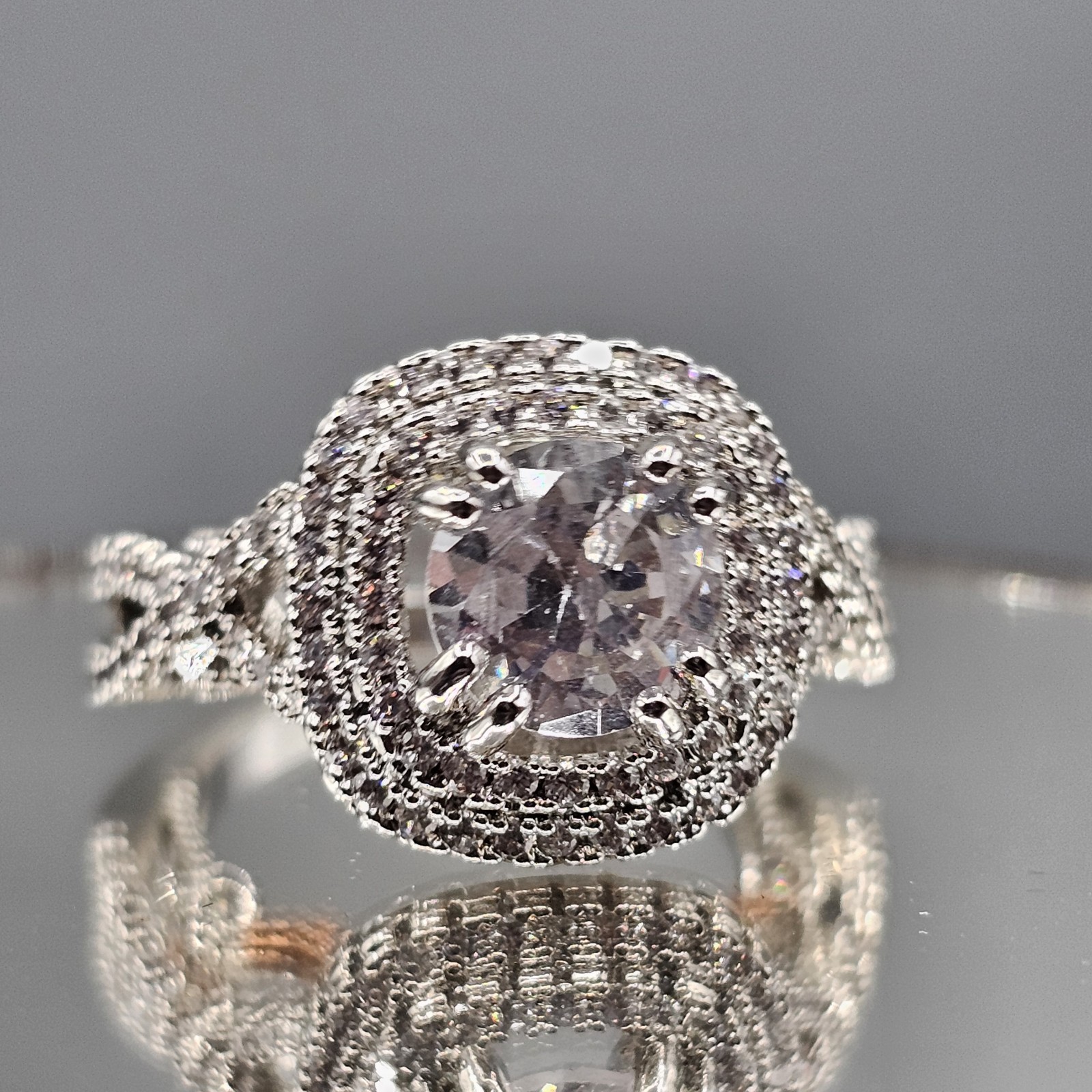 CZ Engagement Cocktail Ring Two Tone Double Halo Open Work Band Size 6.75