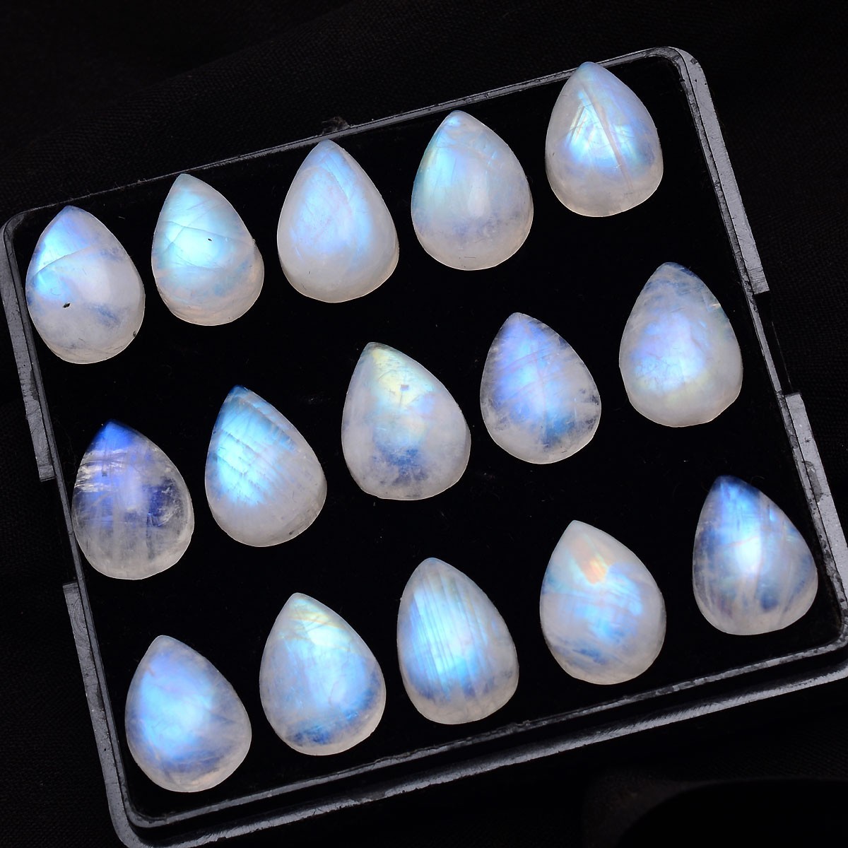 Set 16 Pcs Natural Moonstone Blue Shine 13.25mm-14.50mm Pear Cabochon Gemstones
