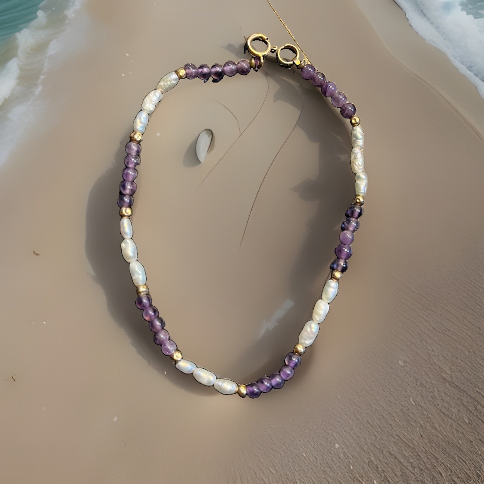 Women’s Bracelet Amethyst Freshwater Pearls 14K Gold Beads And Clasp 7.25 in