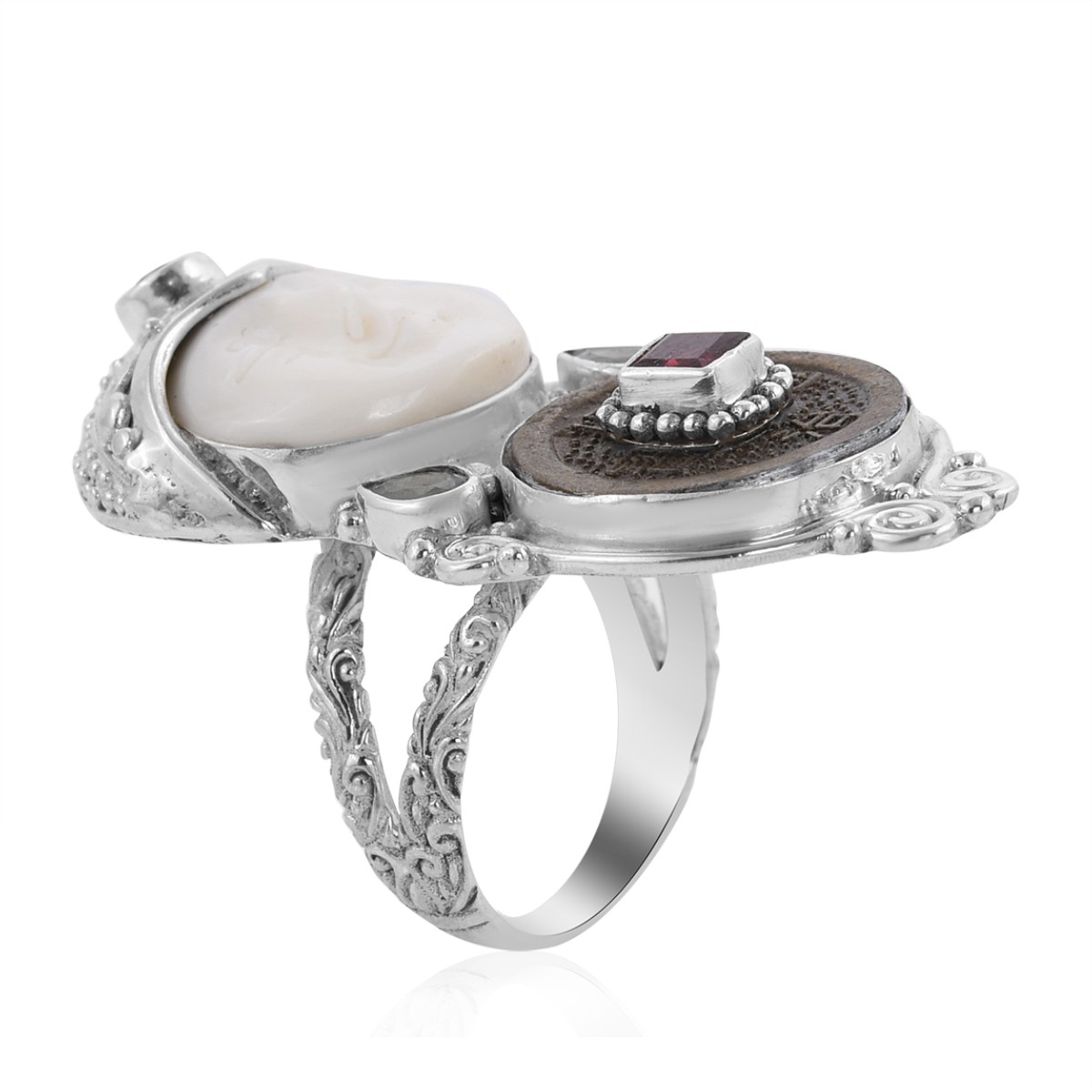 SAJEN Sterling Silver Carved Face Coin Garnet Blue Topaz RIng 8 9 10 11