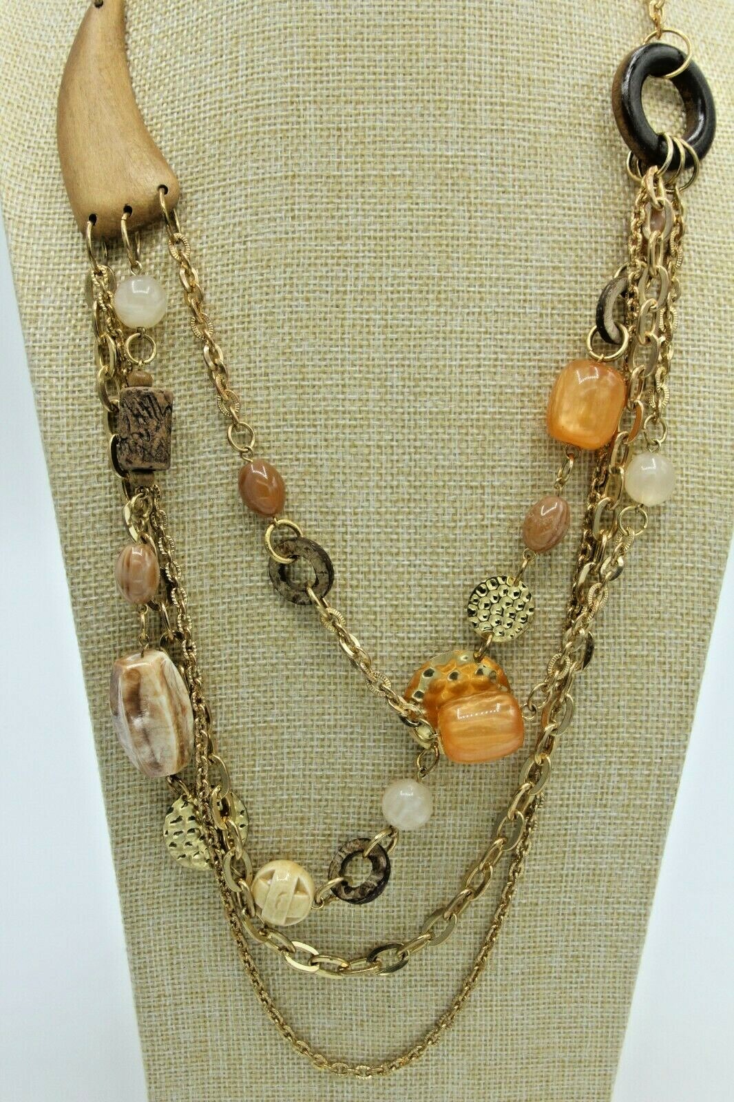 Sharks Tooth Necklace Earth Wood Beaded Chain Surfer Tribal Beach Jewelry