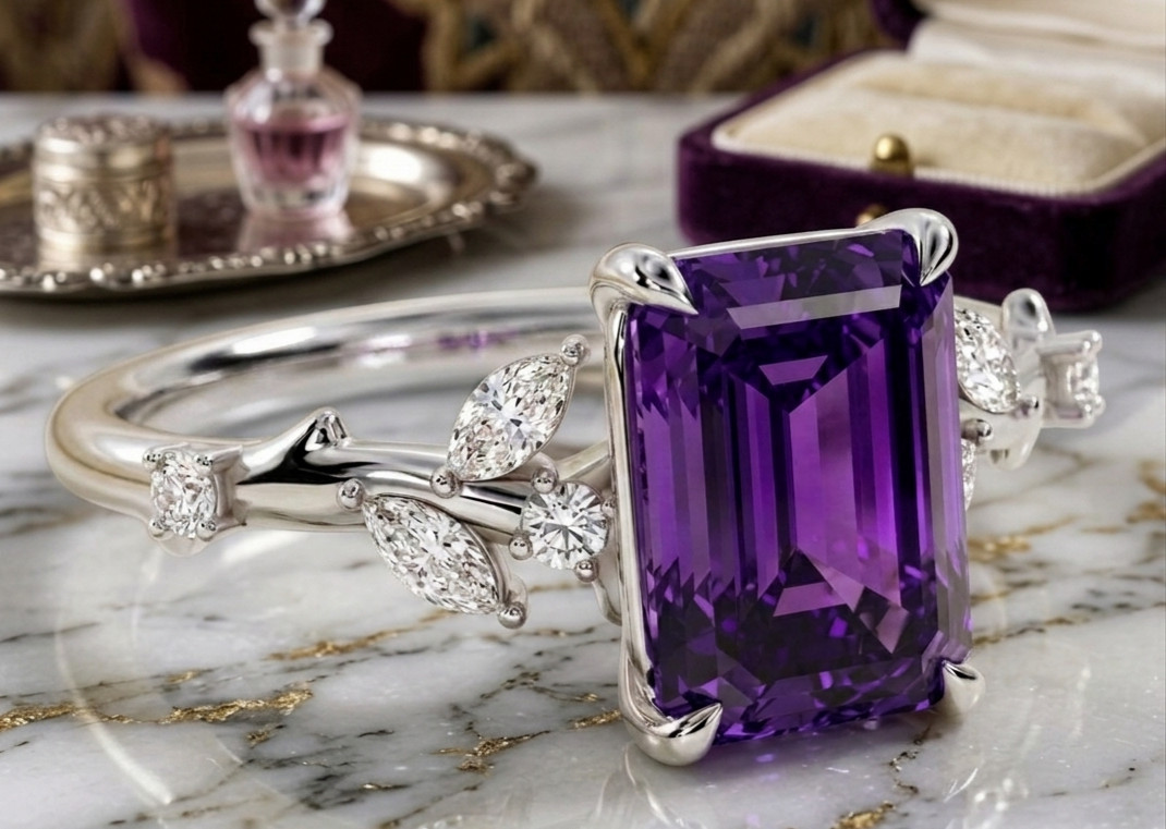 4.40 Ct Certified Emerald Cut Purple Natural Diamond Ring VVS1 White Gold Finish