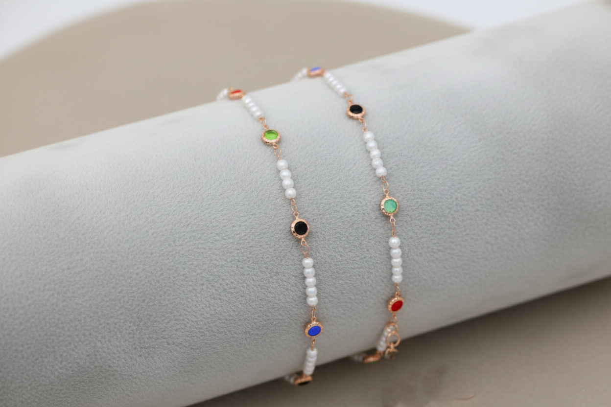Elegant Rose Gold Plated Beaded Bracelet Pearl & Multi-Color Gemstone Station