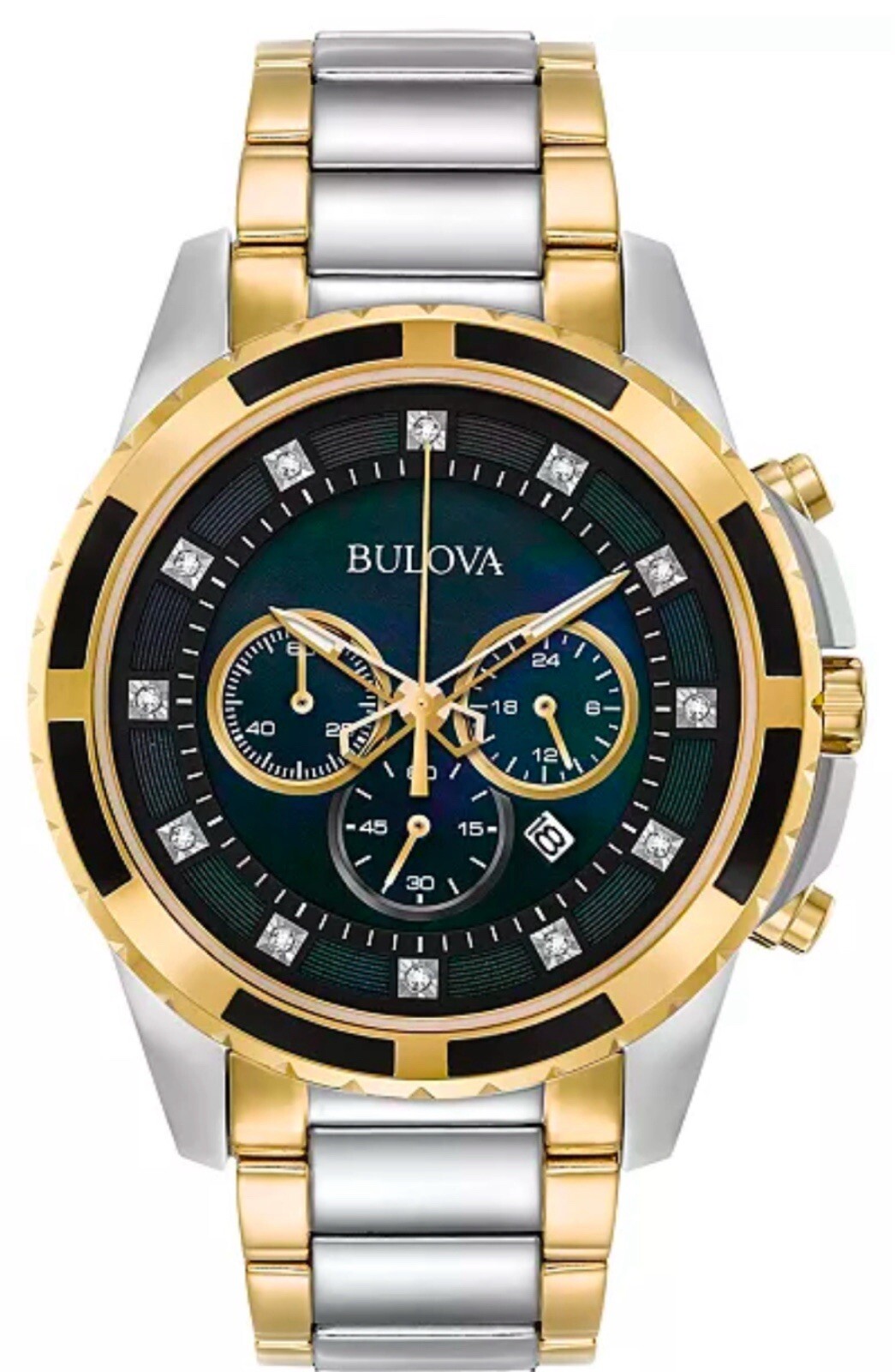 $525 BULOVA 98D132 TWO-TONE STAINLESS STEEL DIAMOND ACCENT CHRONOGRAPH WATCH 44