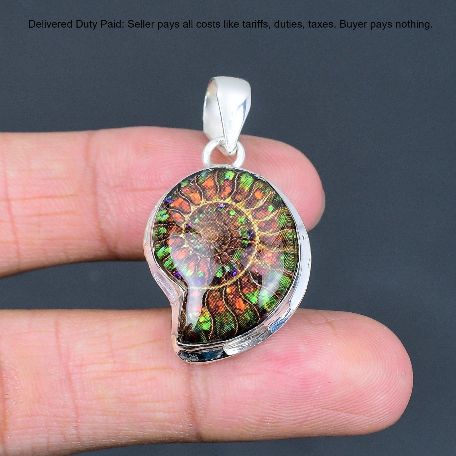 Valentines Sale Pear Ammonite Doublet Opal Stone Pendant Jewelry Sterling Silver