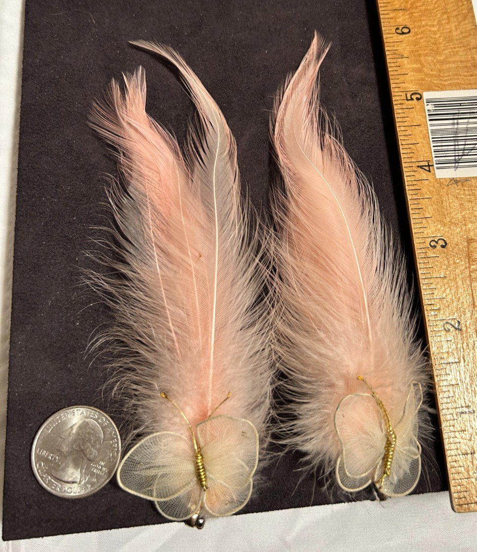 Vintage 1950’s Real Feather Butterfly Pink Special Occasion Earrings Clip-On 6″
