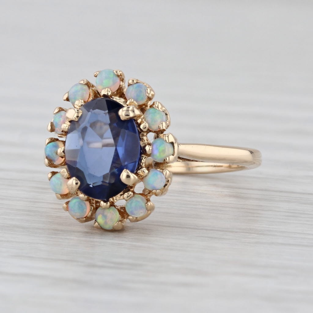 1.40ct Lab Created Blue Oval Sapphire Opal Halo Ring 14k Yellow Gold Size 7