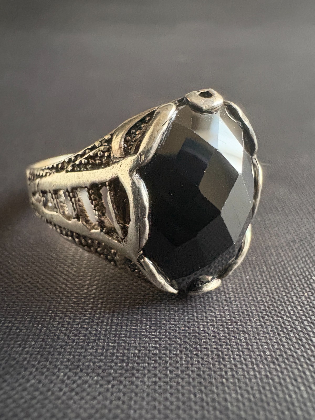 Vintage Silver Ring Faceted Black Onyx Ring Handcrafted Ring 10.75 US