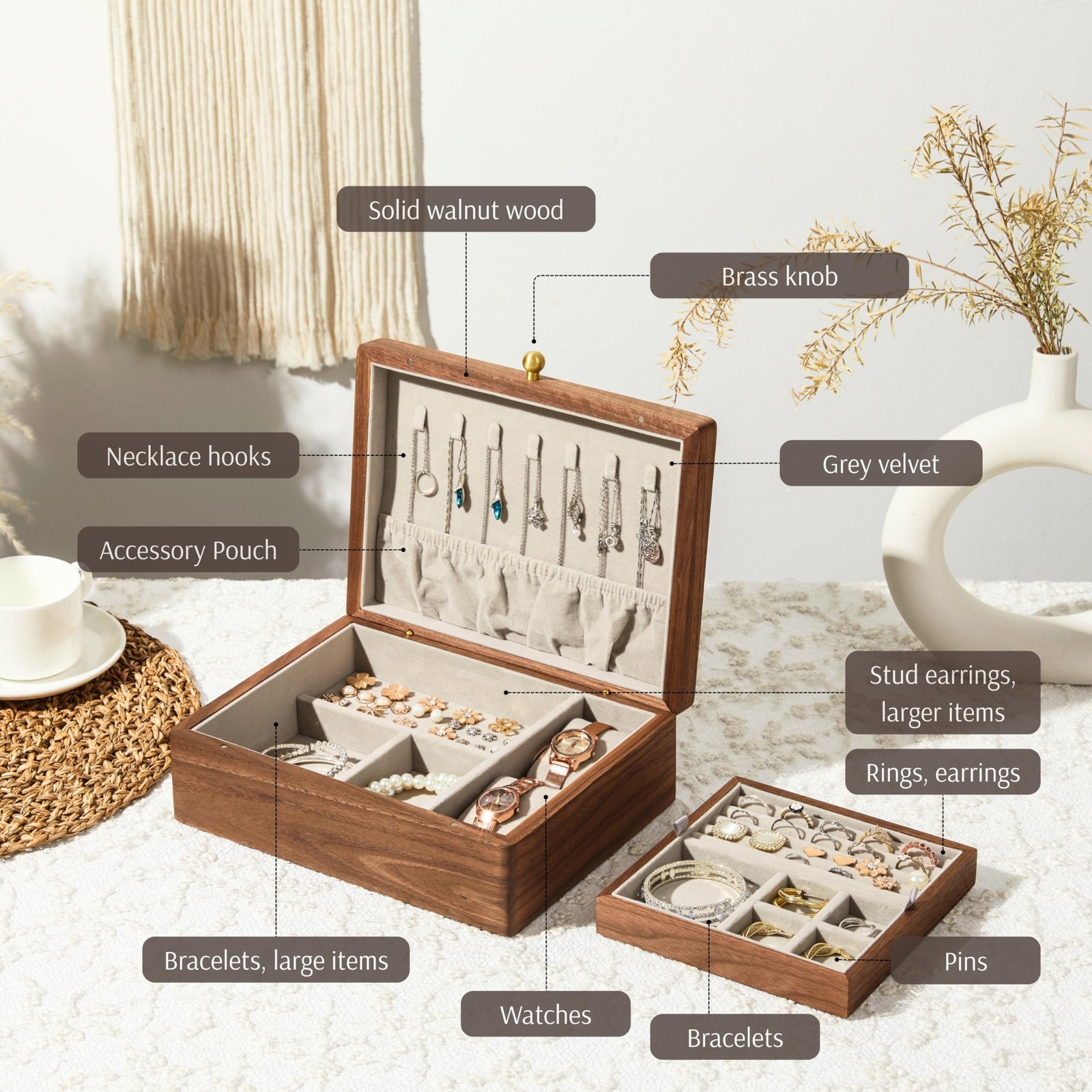 EURIELK Wooden Jewelry Box, Two Layer Medium Size Real Natural Solid Walnut Wood