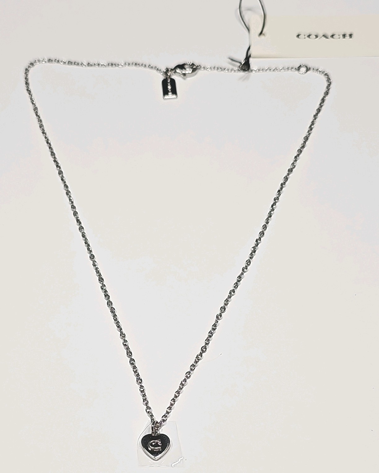 Coach Silver Tone Heart Charm Pendant Necklace Cable Chain Lobster Clasp NWT