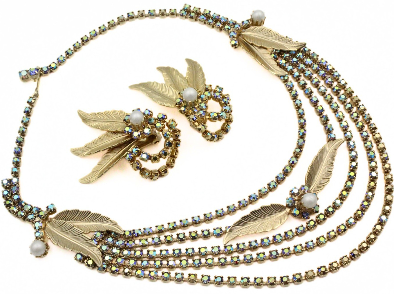 Designer High End Faux Pearl AB Crystal 5 Strand Cascading Necklace Earrings Set