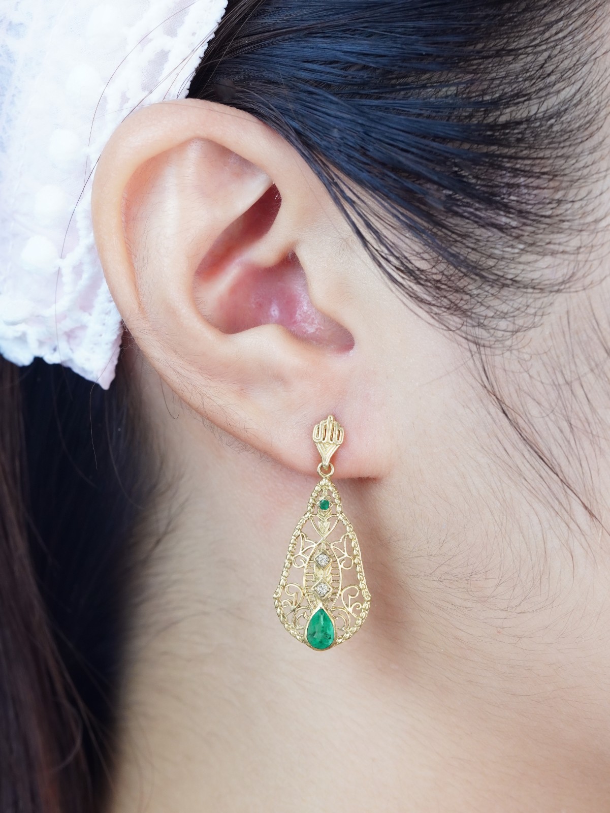 9K Yellow Gold Emerald Diamond Accent Teardrop Filigree Earrings