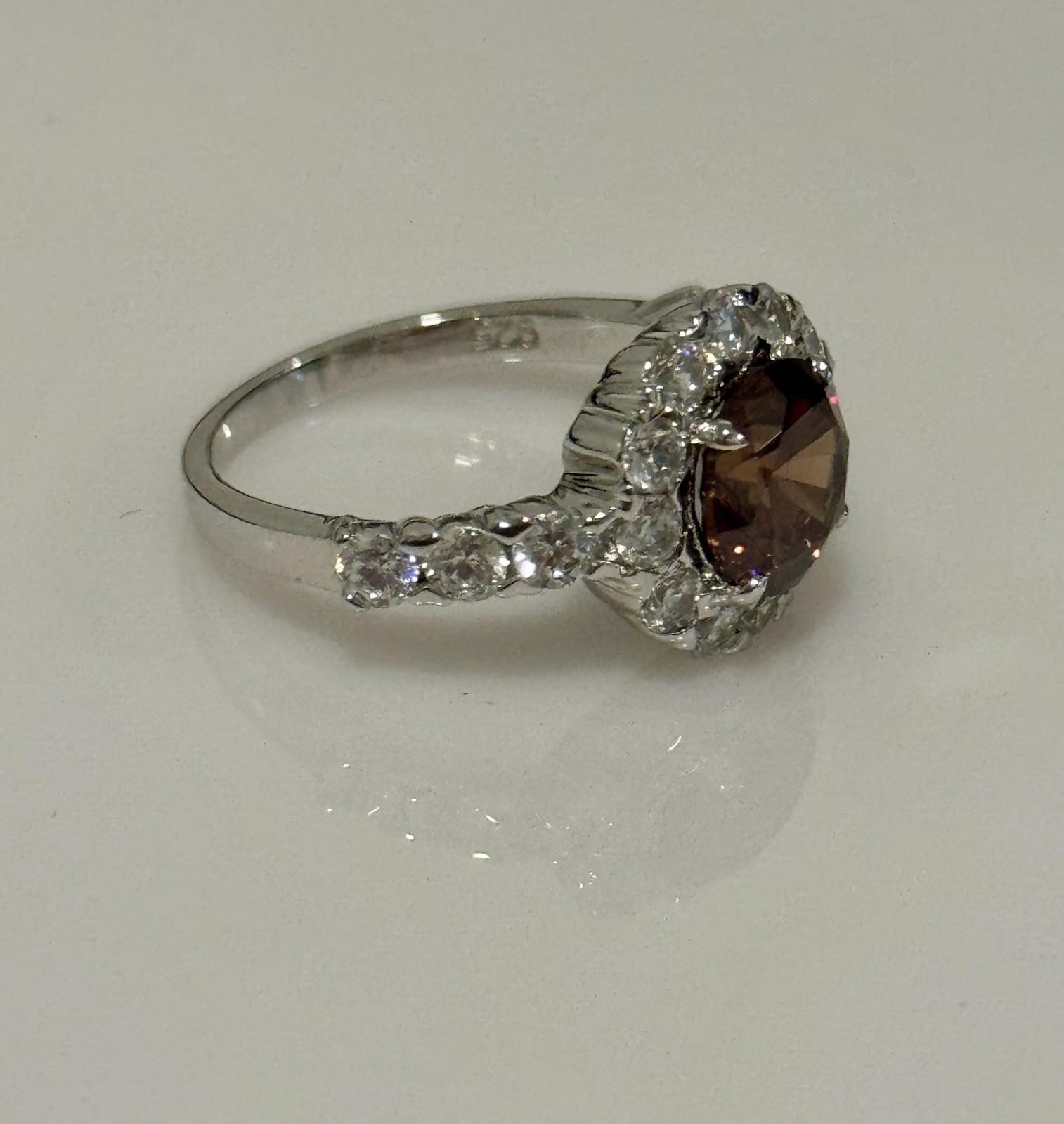 Cognac Brown/red Zircon Ring Size With Cz Accent Stones Sterling Silver Rhodium