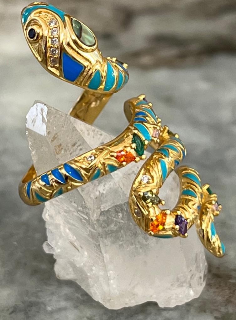REAL Gemstones 14K Gold on SOLID 925 Snake Ring wrap Egyptian Rev Yellow gf