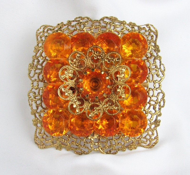 Vintage Vivid Orange Rhinestone Crystal Fancy Gold Filigree 2″ Square Brooch Pin