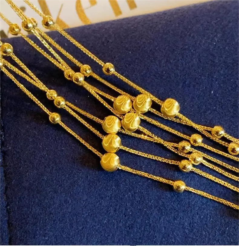 Pure Au750 18K Yellow Gold Chain Lucky Laser Beads Wheat Link Bracelet 6.1-7.2in