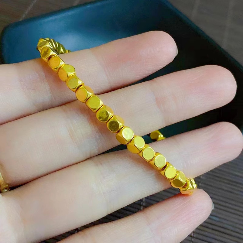 Pure 999 24K Yellow Gold Men Women Lucky 3D 4mm Square Beads Bracelet
