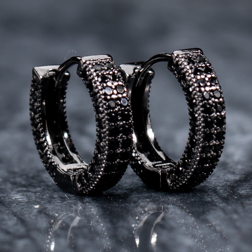 Black Plated Mens Sterling Silver Fully Iced Black Onyx Cz Hoop Earrings