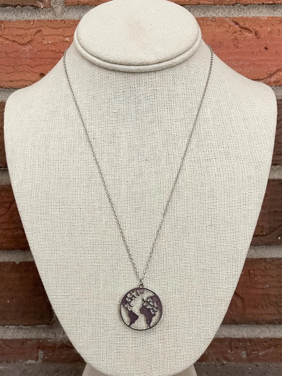 New World Map Disk Necklace Silver Cutout Travel Geography Boho Unique Round NWT