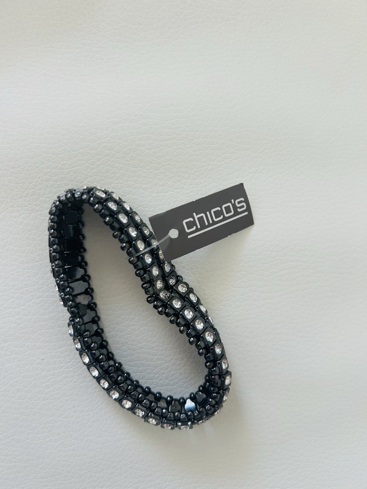 Chico’s Gunmetal Clear Rhinestone Stretch Bracelet Wide Crystal Cuff NWT