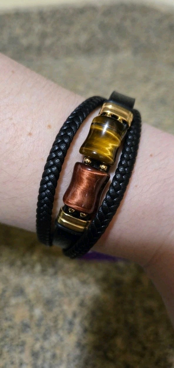 Savvy Cie Jewels Black Braided Leather Bracelet Magnetic Gold-Tone