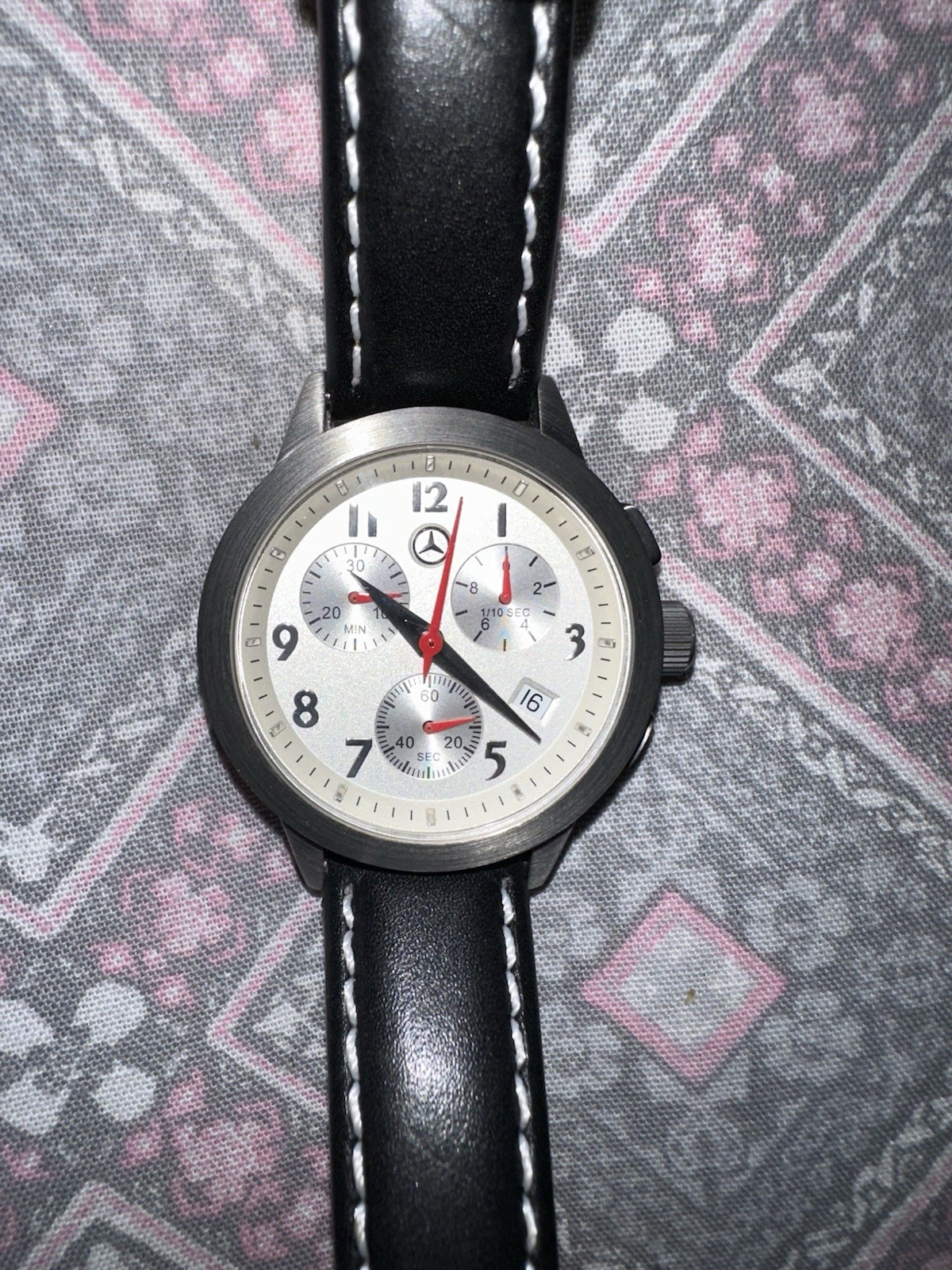 Mercedes-Benz Quartz Analog Chronograph Date Sport Wristwatch Black Leather Men