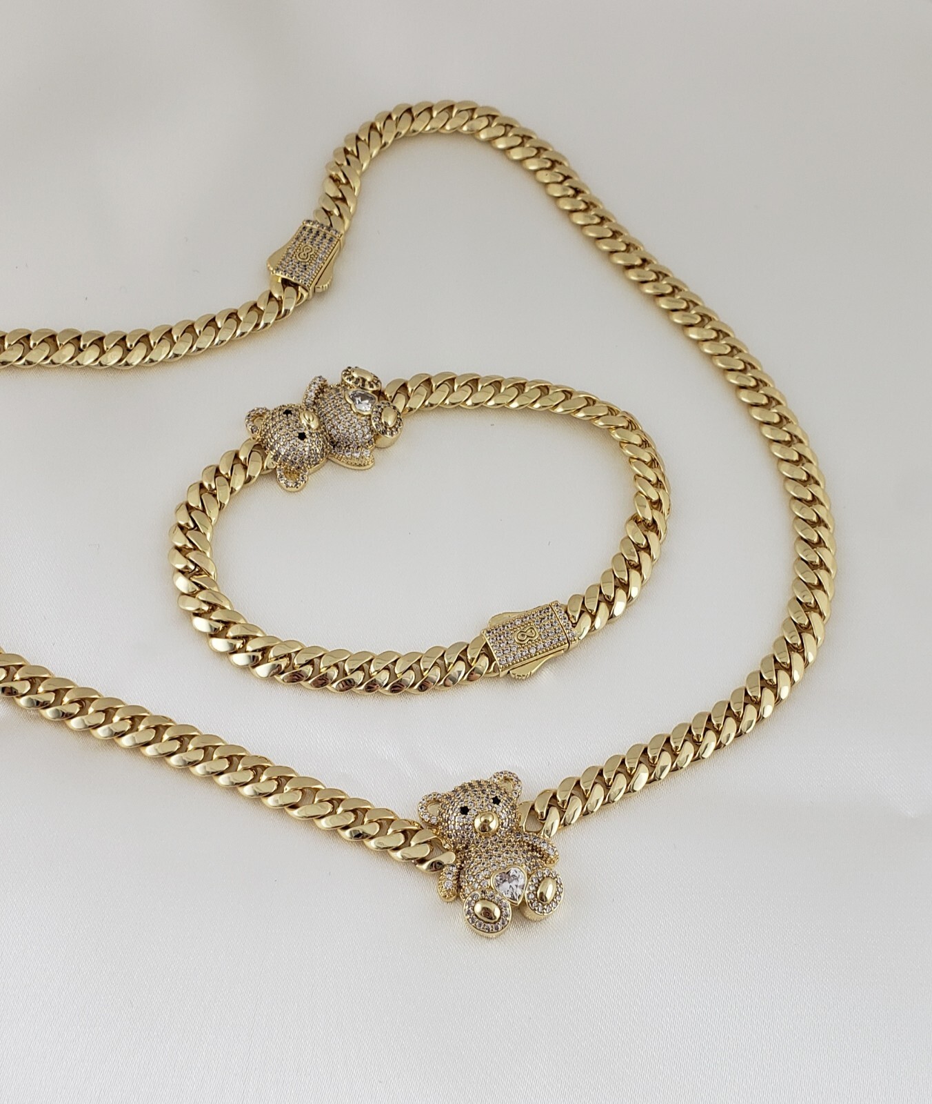 14K Gold Plated Cz Bear Cuban Choker Chain Necklace And Bracelet Set