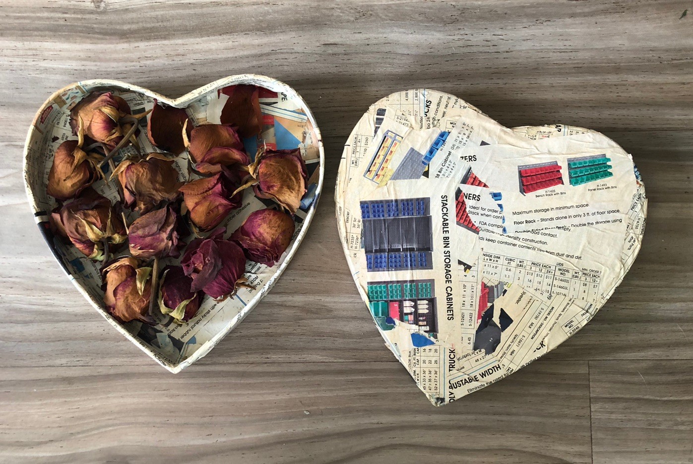 Handmade Decoupage Heart Storage Box Recycled Paper Mache Keepsake Trinket Box