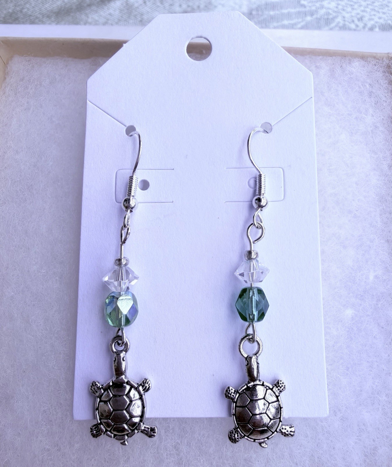 Silver Turtle Earrings With Green And Clear Crystals Dangling Pierce Earrings