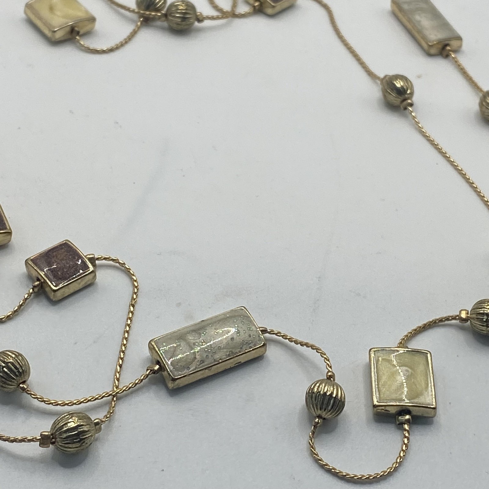 Gold Tone Cream Resin Station Necklace Layered Strand Lobster Clasp Jewelry