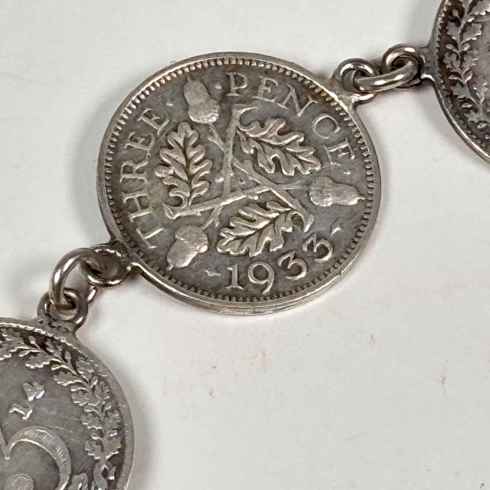 Vintage Silver Charm Bracelet King George V Three Pence Coins British Retro