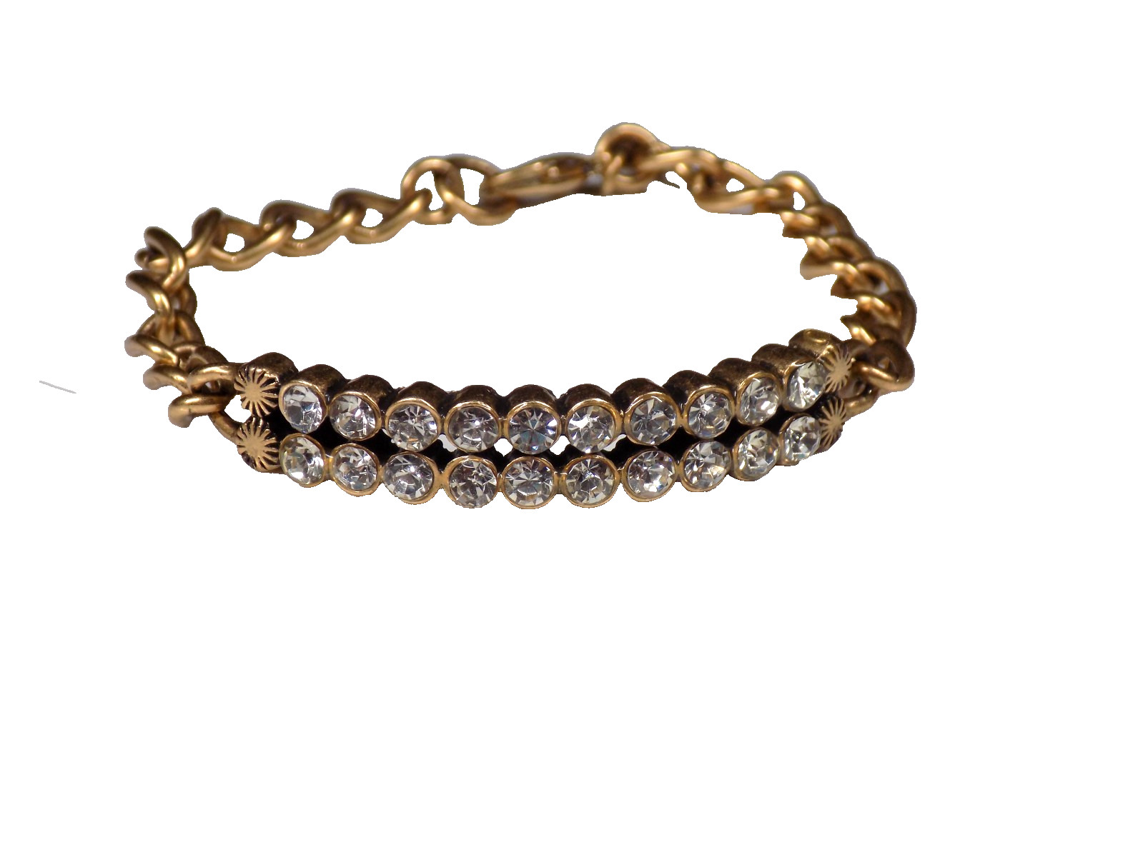 Vintage J Crew Bracelet Gold Tone Curved Bar White Colorless Rhinestones 6.5″