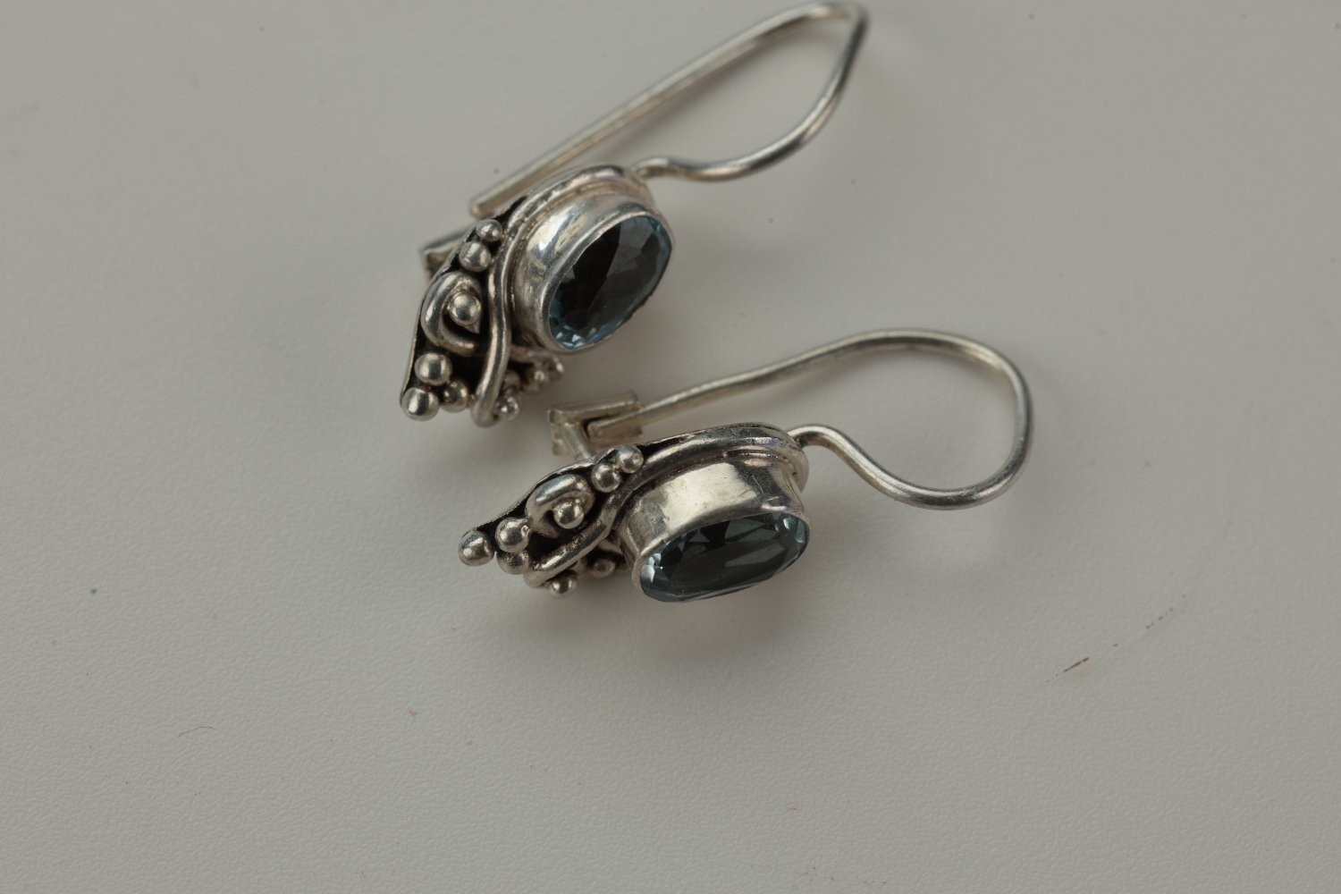 Earrings Small Silver Gemstone Oxidized Finish Vintage Bali Sterling Blue Topaz