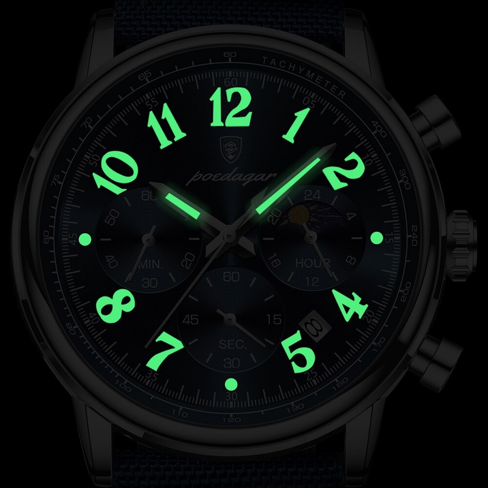 POEDAGAR Men Watch Nylon Leather Chronograph Wrist watch Waterproof Luminous