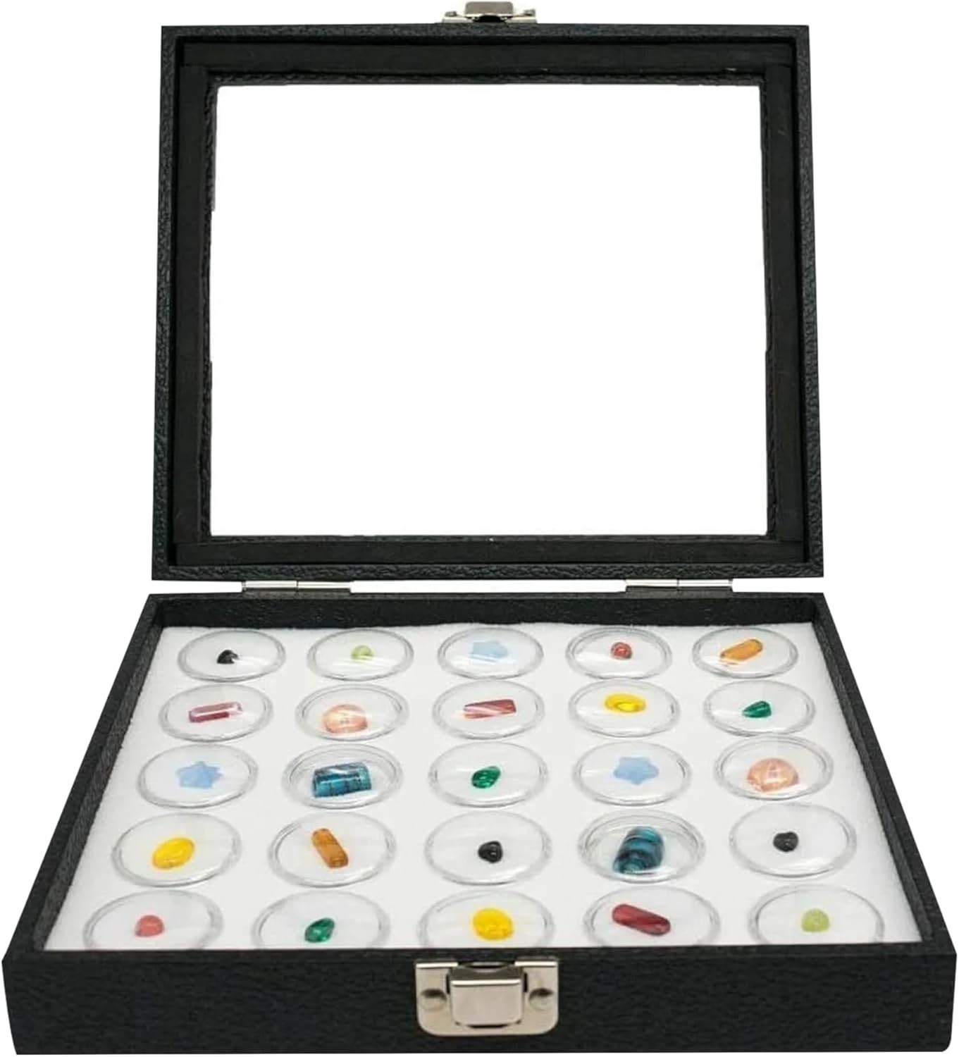Novel Box Glass Top Black Leatherette Jewelry Display Case W 25Ct Jar Insert