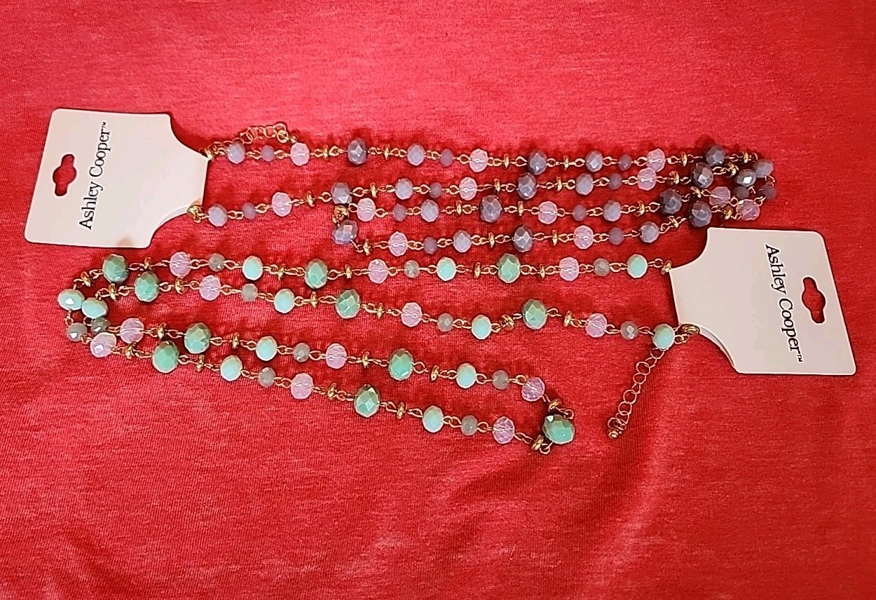 2 Ashley Cooper ~28″ Gold Tone Multi-Color Beaded Necklace w/ 3″ Ext Lavendar