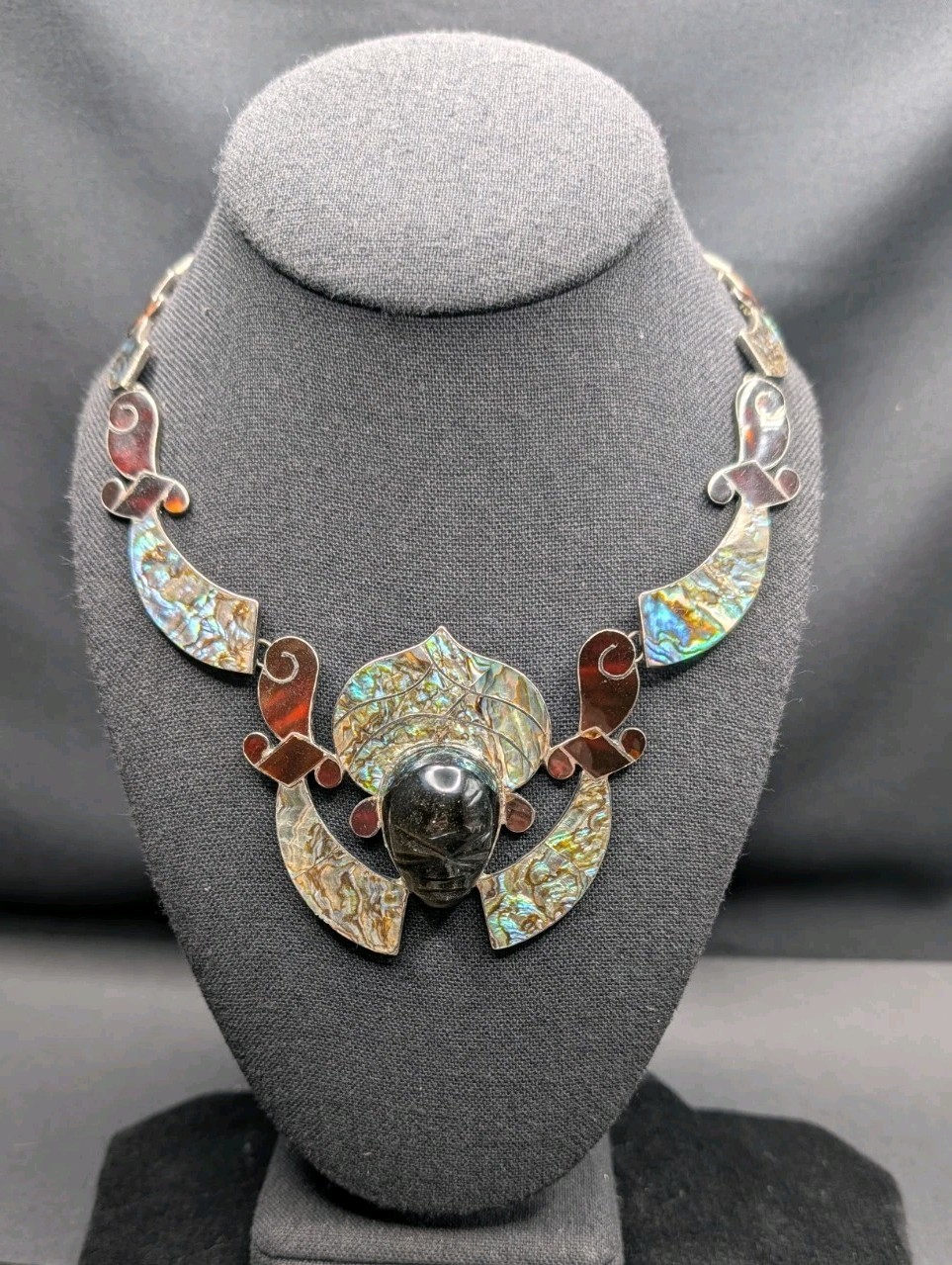Vtg Statement Piece 925 Mexico Sheen Obsidian Tortoise & Abalone Shell