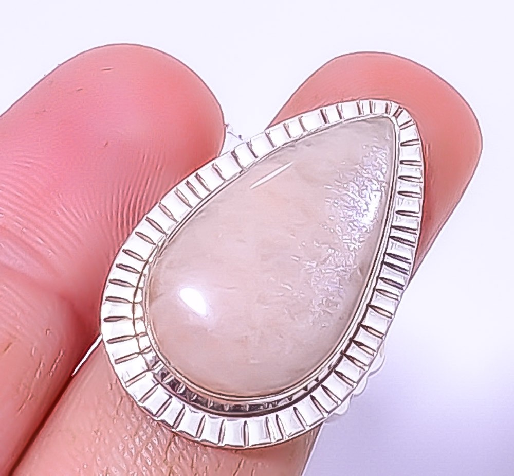 Hammer Texture-Amazonite-Beige 925 Silver Plated Jewelry Ring s.5.5 T21