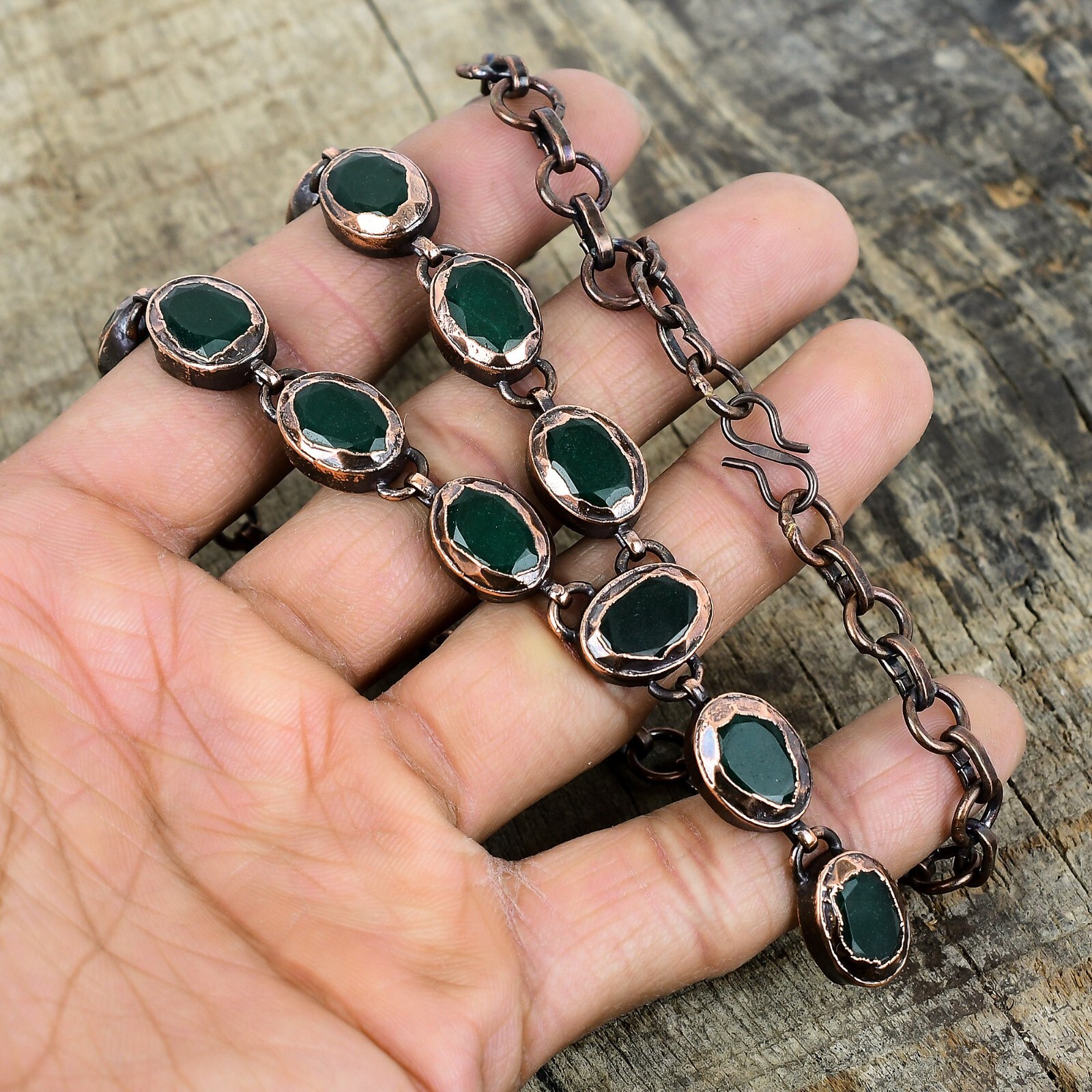 Valentines Deal Natural Zambian Emrald Bezel Electroformed Chain Necklace Copper