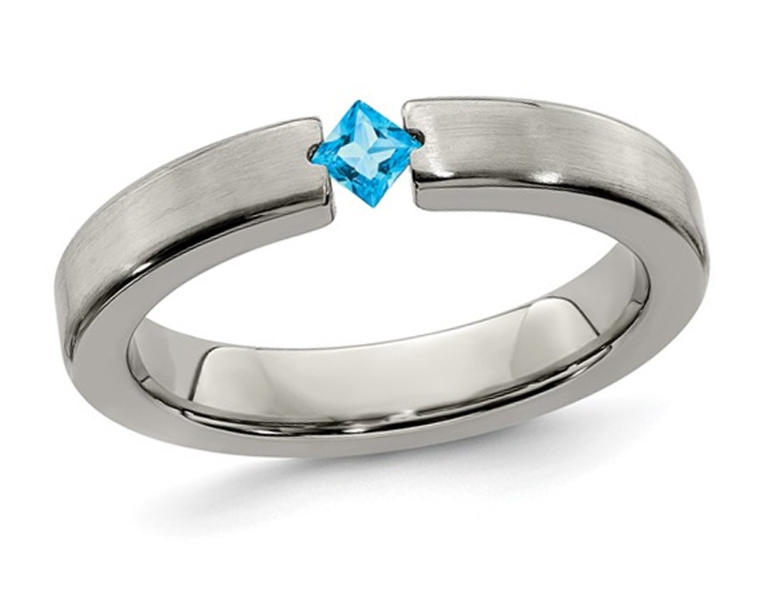 4mm Brushed Titanium Wedding Band Ring with Blue Topaz