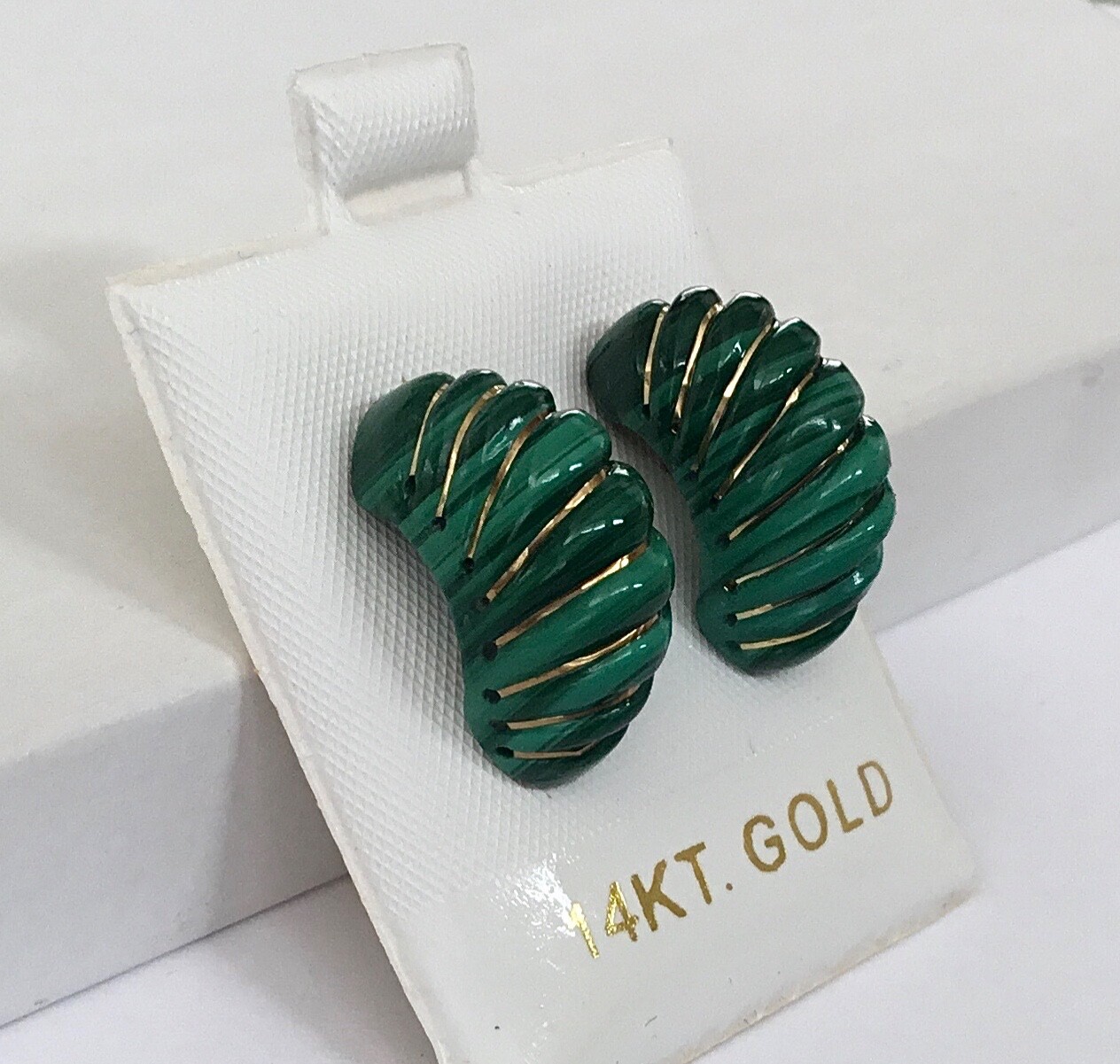 Natural Green Malachite Solid 14K Yellow Gold Dome Earrings NEW