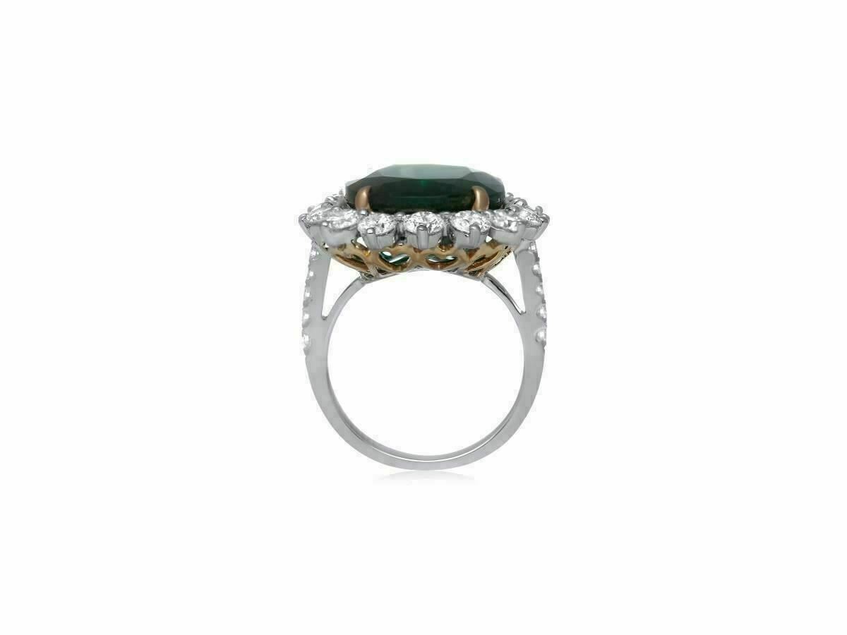 GIA CERTIFIED 15.02CT DIAMOND & AAA EMERALD 18K 2 TONE GOLD HALO ENGAGEMENT RING