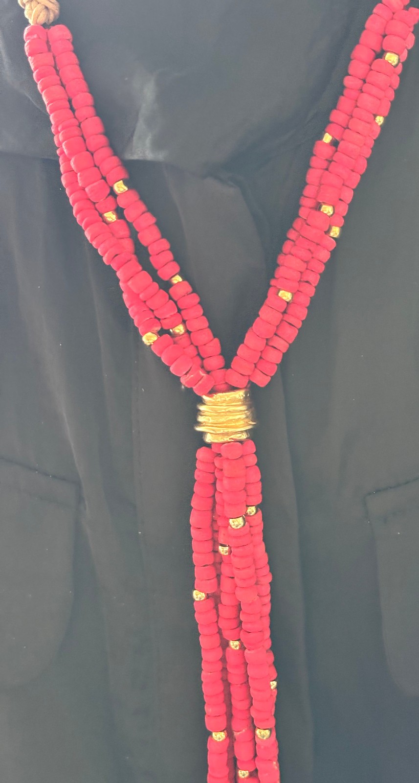 CHICO’S Statement Necklace Wood beads Blood Orange & Matte Gold Y-Drop Style