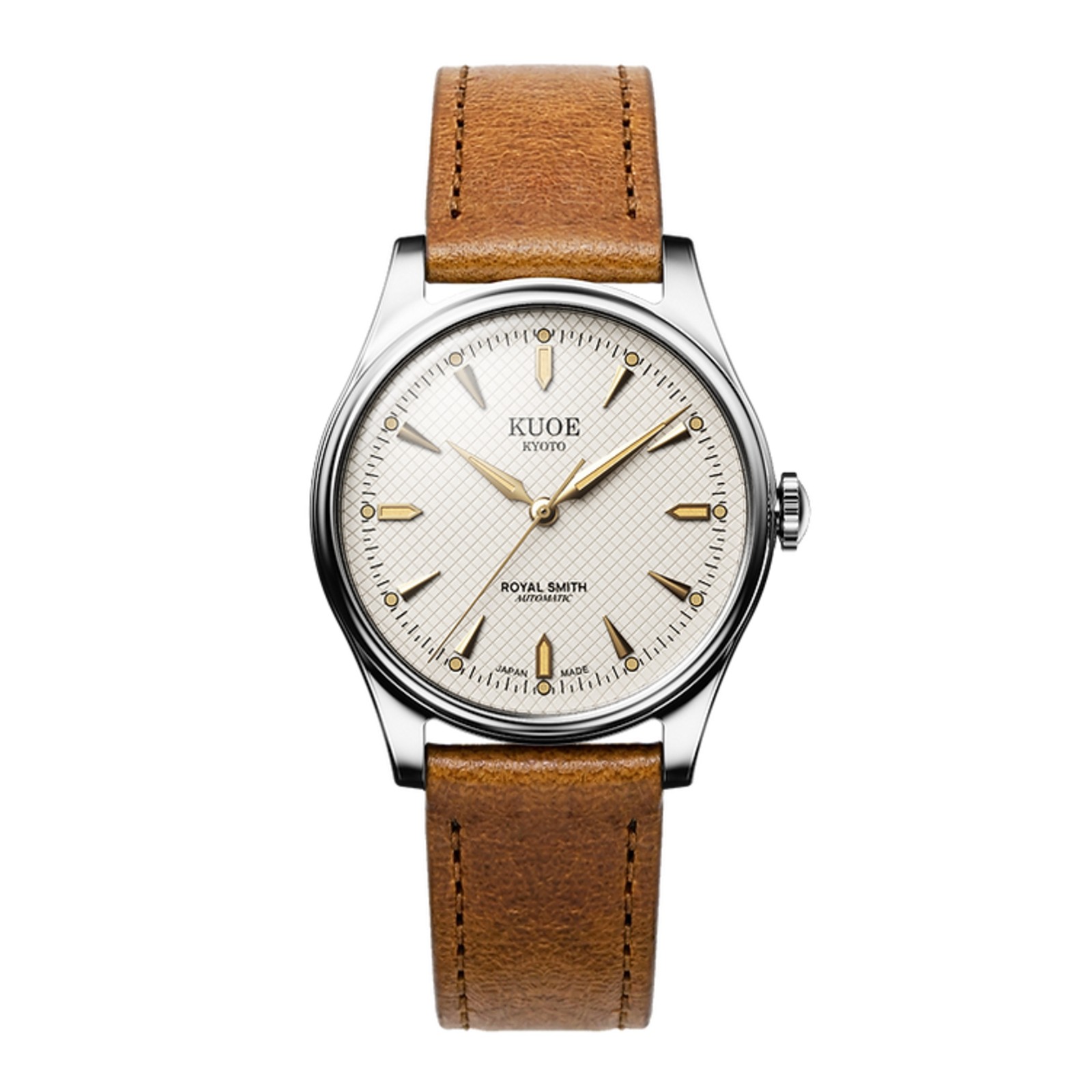 Kuoe Royal Smith 90-006 Automatic Silver Watch Men Ivory Waffle Dial Tan Strap