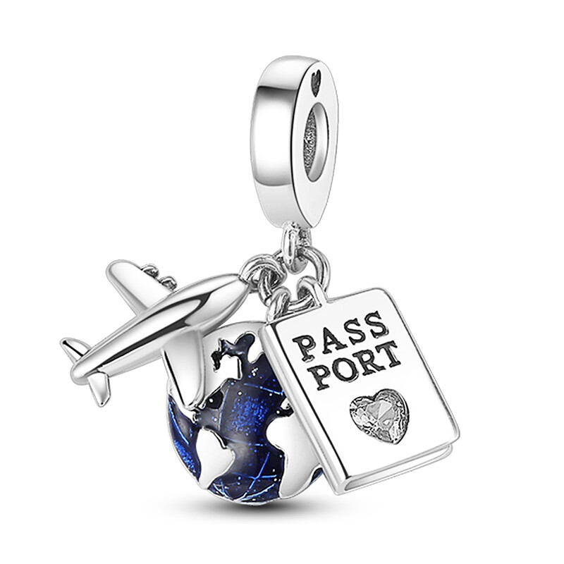 MULA Airplane Passport Earth DIY Charm CZ Enamel For Bracelet 925 Silver Plated