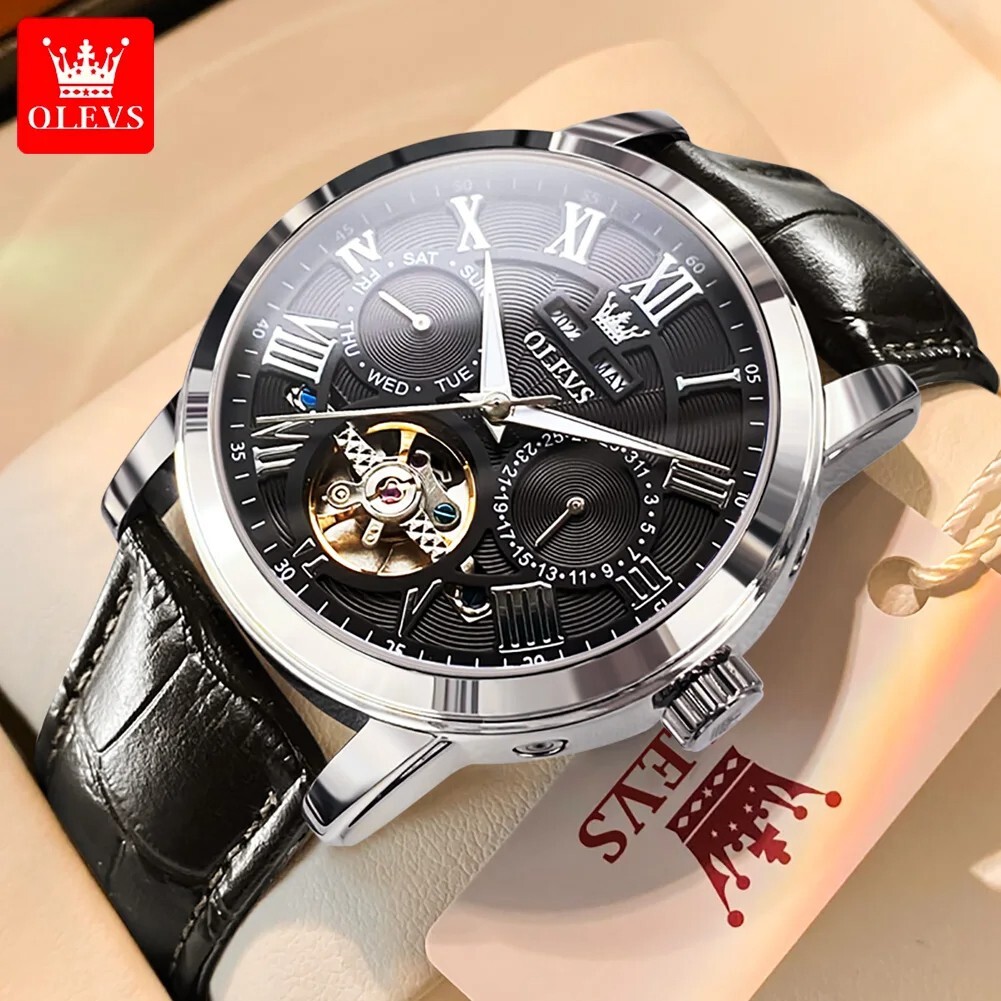 OLEVS Watch Automatic Mechanical Waterproof Luxury Date Leather Men Mens Strap