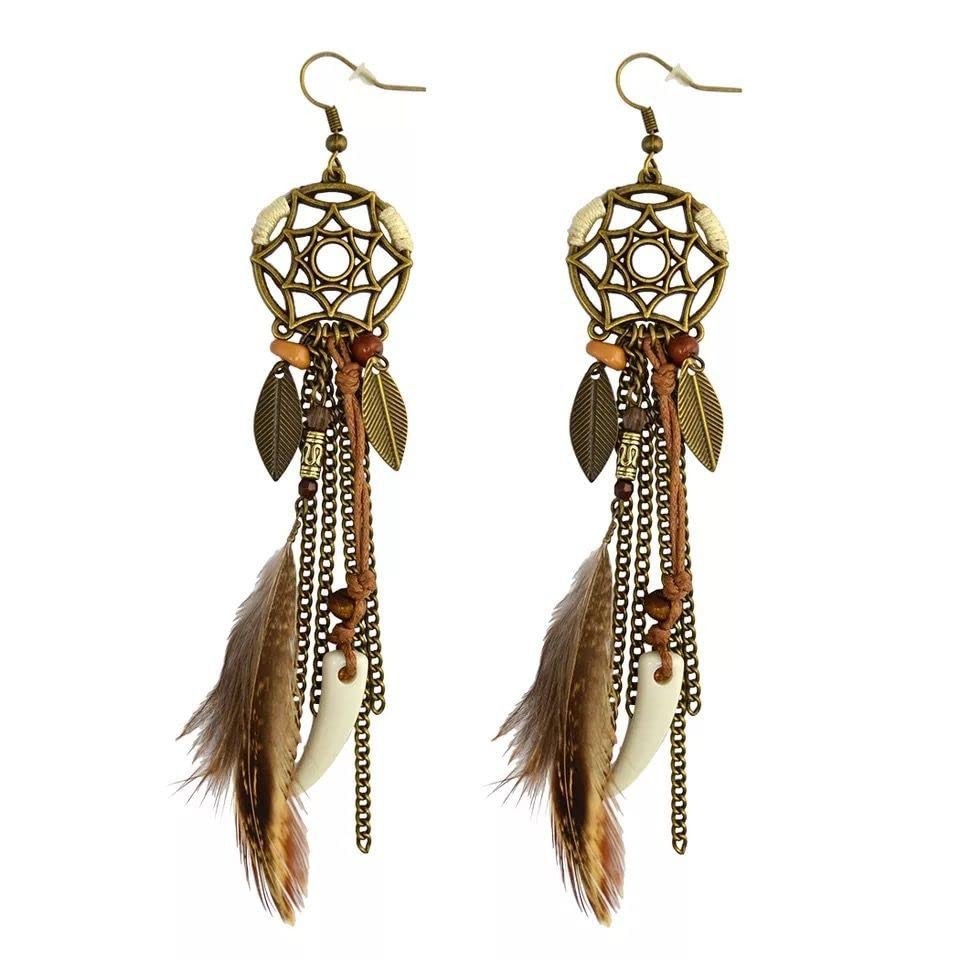 Brown Dream Catcher Feather Earrings Vintage Bohemian Ethnic Dangle Earrings for